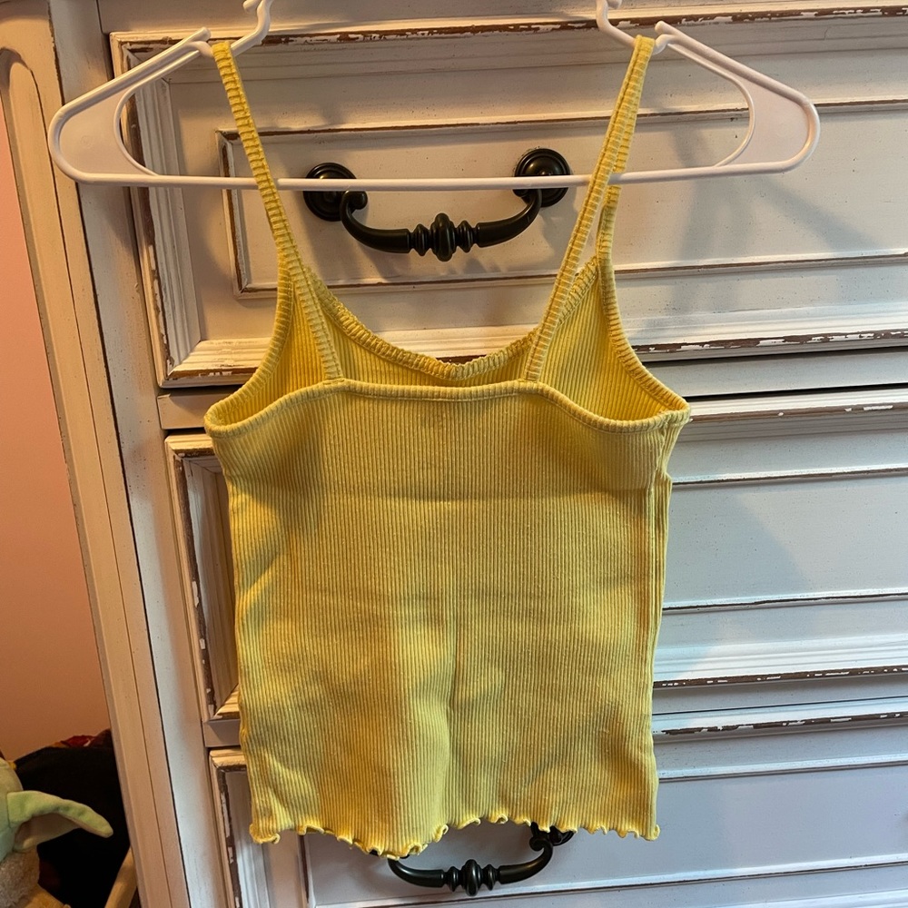 Yellow Ribbed Spaghetti Strap Tank Top with Ruffles - Picture 2 of 2